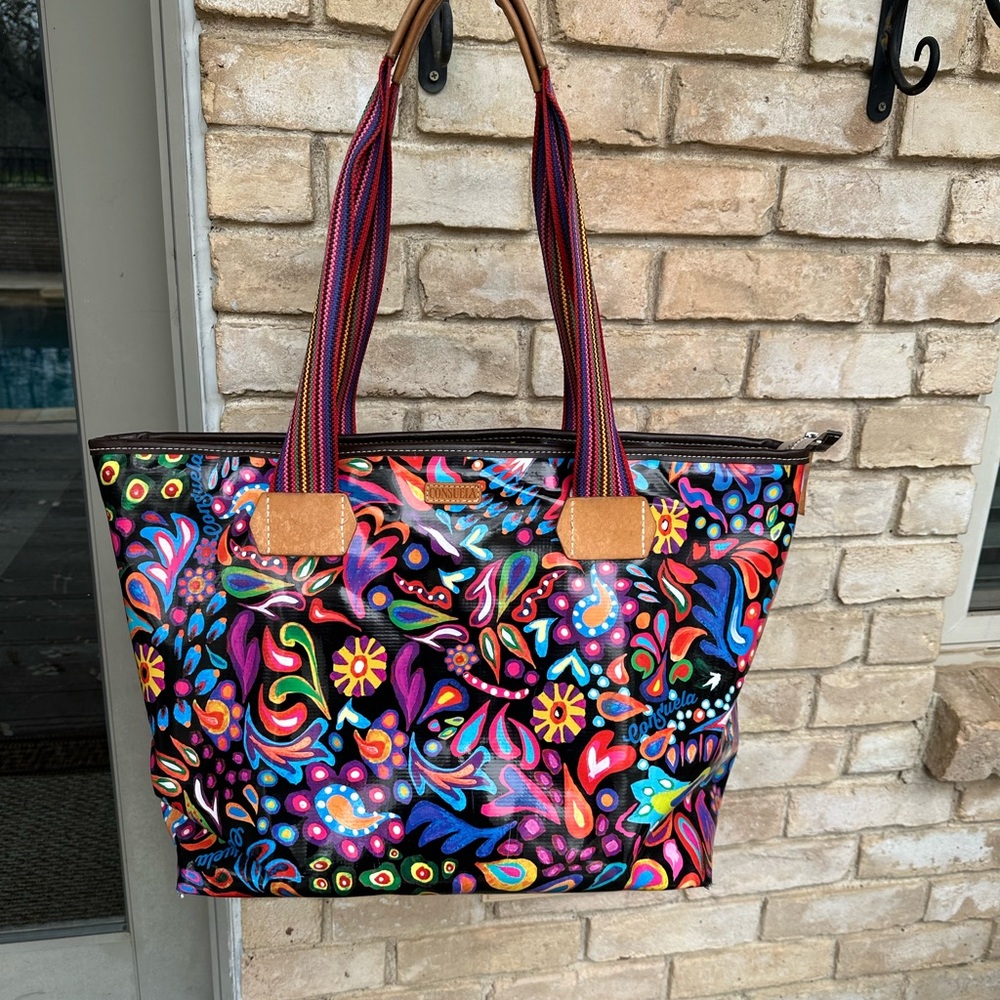 Colorful Consuela large Zippered tote Tote Bag with Brown Trim